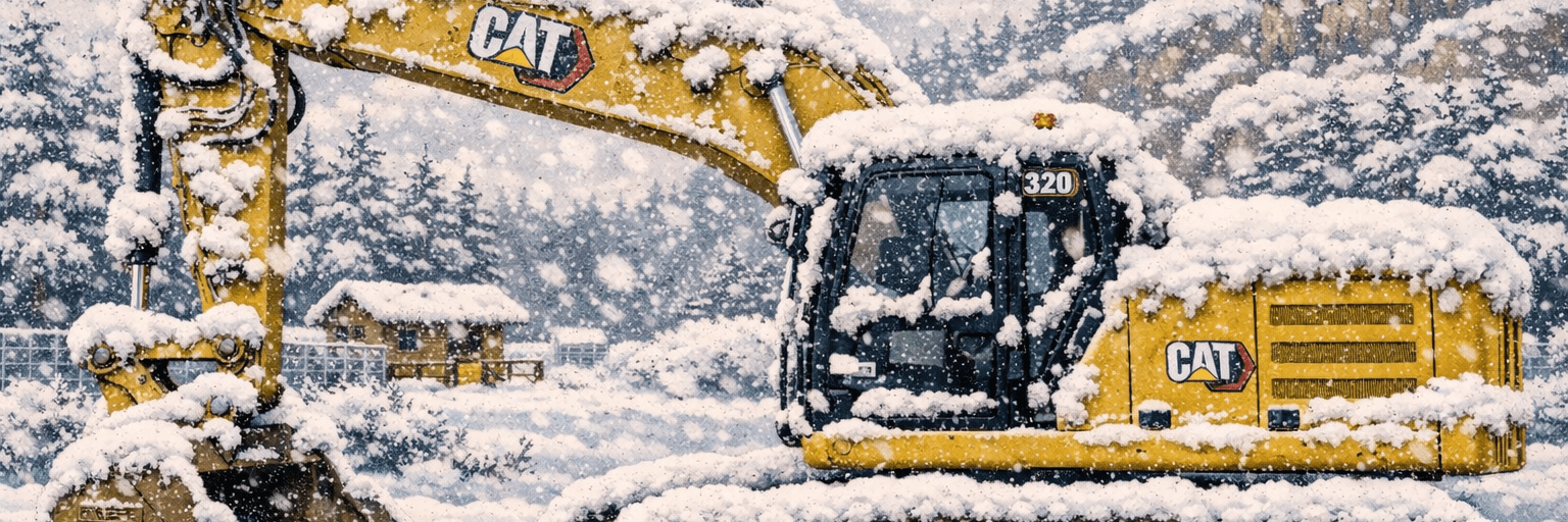 Idle excavator in snow — equipment that earned money sitting unused while invoices go unpaid